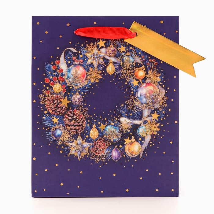 Пакет подарочный новогодний ламинированный «Праздничный венок», 18×22.3×10 см