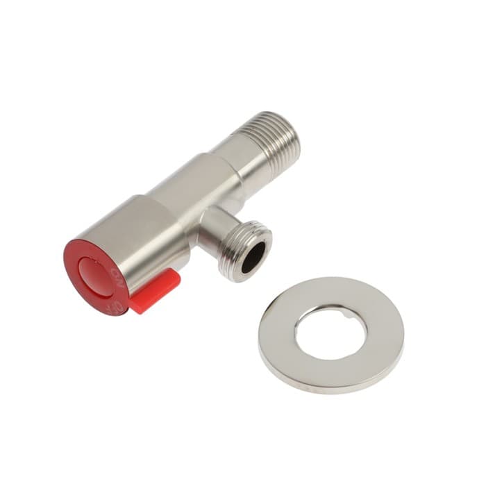 Кран угловой ZEIN engr, 1/2" × 1/2", кран-букса латунь/керамика, нерж. сталь, сатин/красный