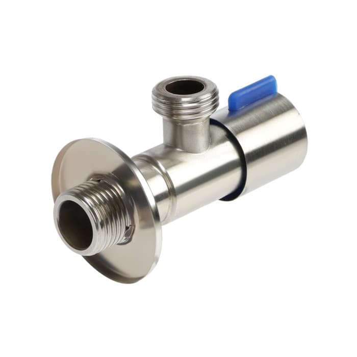 Кран угловой ZEIN engr, 1/2" × 1/2", кран-букса латунь/керамика, нерж. сталь, сатин/синий