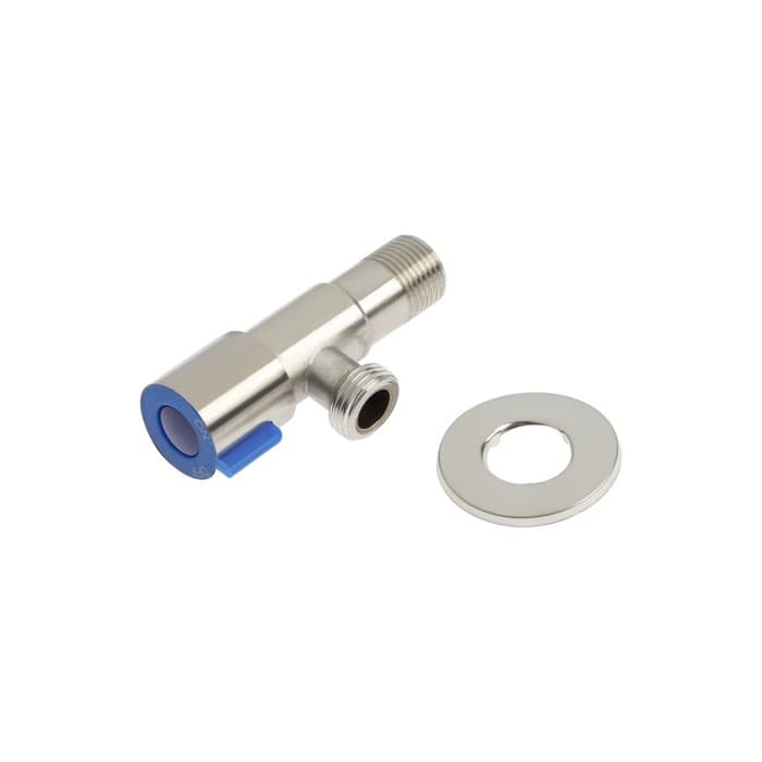 Кран угловой ZEIN engr, 1/2" × 1/2", кран-букса латунь/керамика, нерж. сталь, сатин/синий