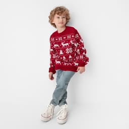 Джемпер детский новогодний вязаный KAFTAN: New Year с оленями, красный, размер 30 (98-104 см)