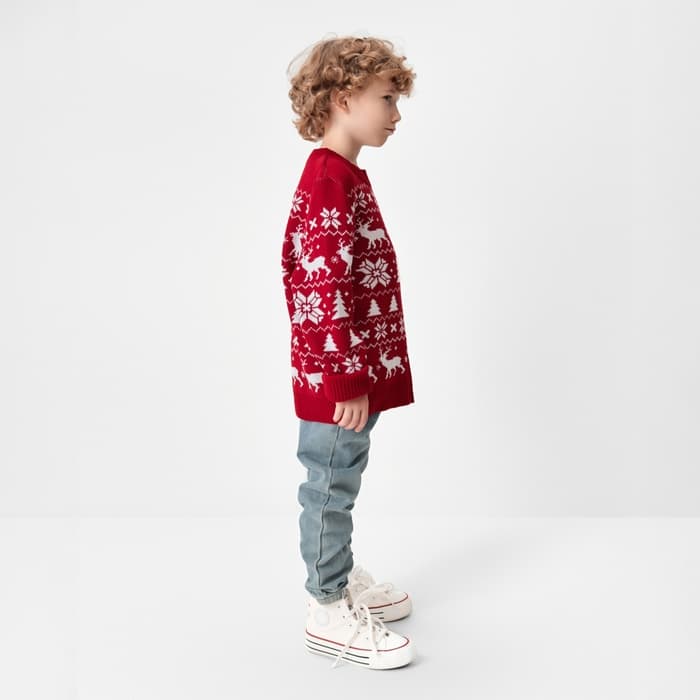 Джемпер детский новогодний вязаный KAFTAN: New Year с оленями, красный, размер 30 (98-104 см)