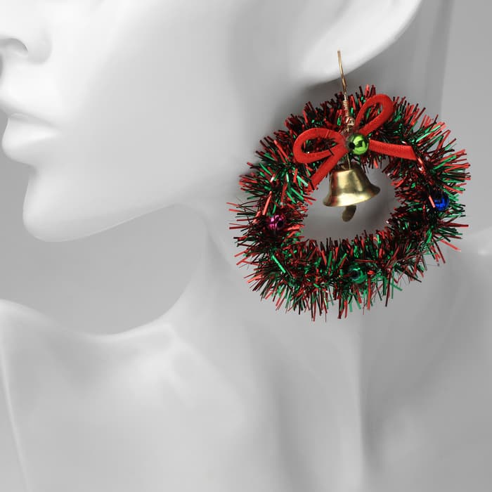 Серьги висячие «Новогодние» венок с колоколом, цветные в золоте