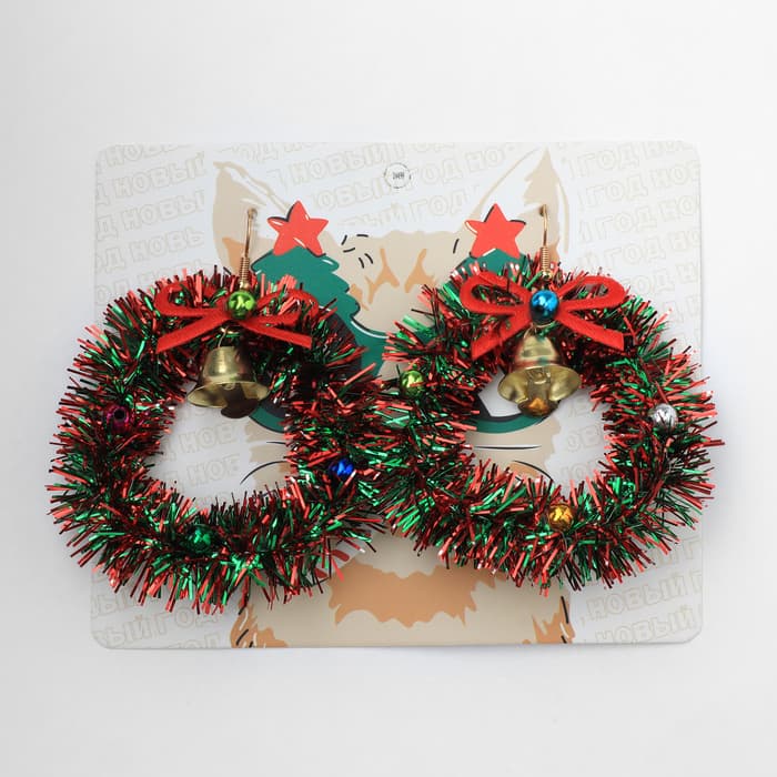 Серьги висячие «Новогодние» венок с колоколом, цветные в золоте