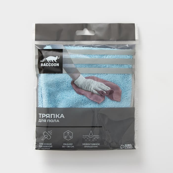 Тряпка для пола Raccoon, 250 г/м², 50×30 см, микрофибра, с оверлоком, 1 шт., голубая
