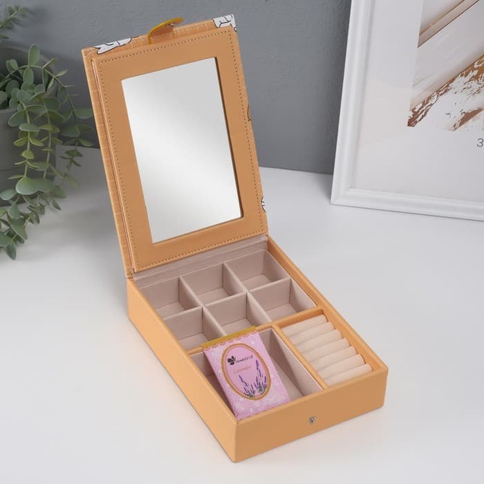 Шкатулка для украшений «Котики», с зеркалом, искусственная кожа, жёлтая, 15×21.5×5.5 см