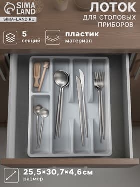 Лоток для столовых приборов, 5 отделений, 25.5×30.7×4.6 см, пластик, серый