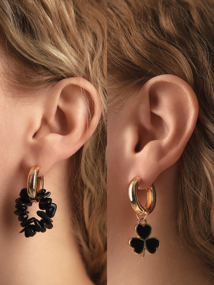 Серьги со съёмным элементом «Трансформер», клевер-сердце, чёрные в золоте