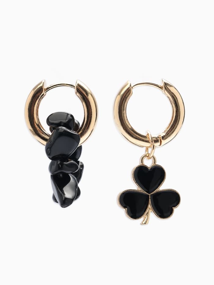 Серьги со съёмным элементом «Трансформер», клевер-сердце, чёрные в золоте