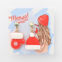 Серьги висячие «Шапка» звезда, варежка, цвет бело-красный в золоте