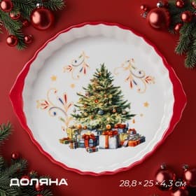 Форма для запекания новогодняя Доляна «Волшебное дерево», доломит, 1.3 л, 28.8×25×4.3 см, белая, красная