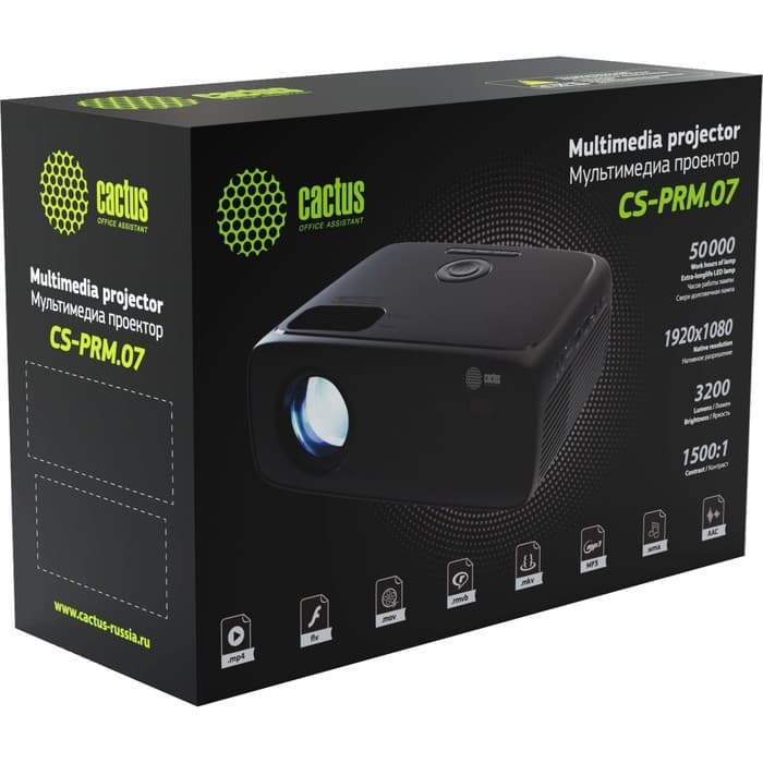 Проектор Cactus CS-PRM.07WT, Full HD 1080p, LCD, 3200 Лм, 320 ANSI, контраст 1500:1, ресурс лампы 50 000 ч