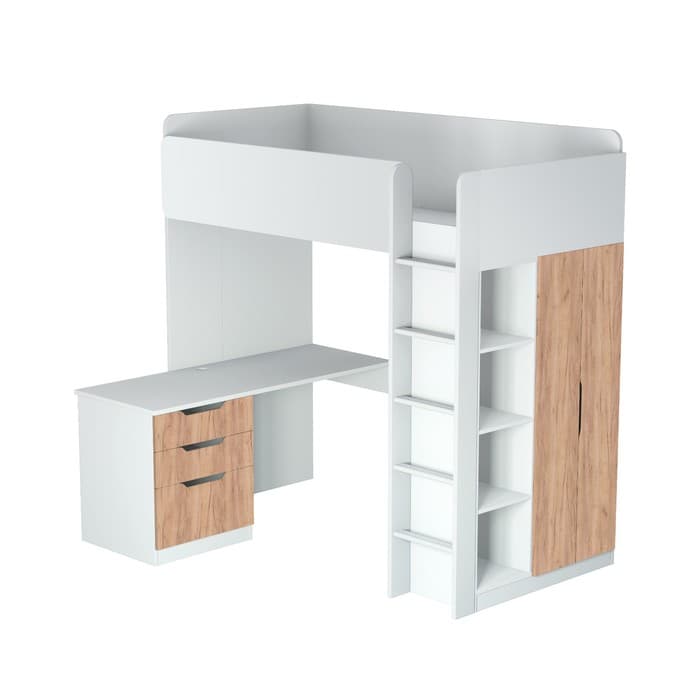 Кровать чердак Polini kids Simple, с письменным столом и шкафом, цвет белый-дуб крафт золотой