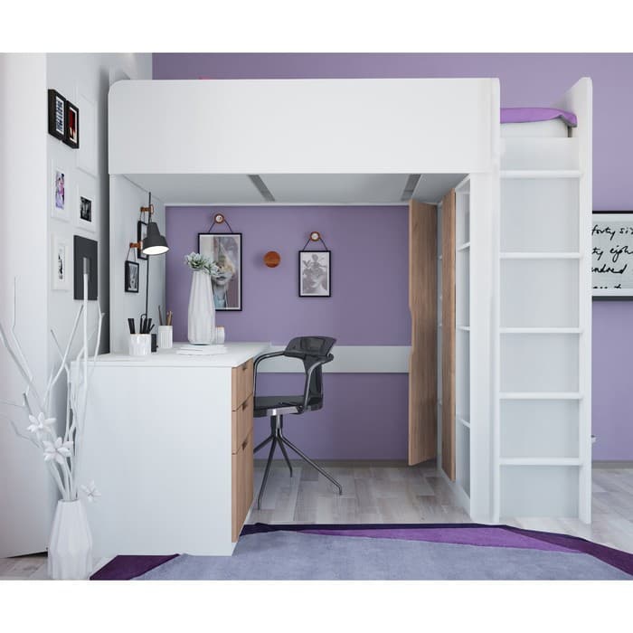 Кровать чердак Polini kids Simple, с письменным столом и шкафом, цвет белый-дуб крафт золотой