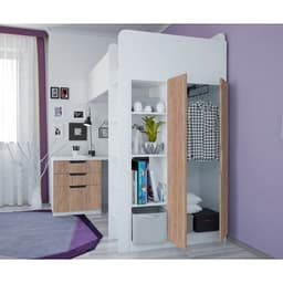 Кровать чердак Polini kids Simple, с письменным столом и шкафом, цвет белый-дуб крафт золотой