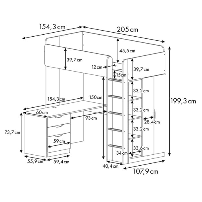 Кровать чердак Polini kids Simple, с письменным столом и шкафом, цвет белый-дуб крафт золотой