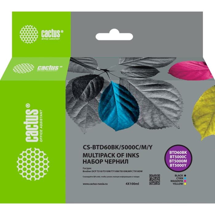 Чернила Cactus CS-BTD60BK/5000M/C/Y, голубой/пурпурный/жёлтый/чёрный, набор, 4×100 мл, для Brother DCP-T3 1869135