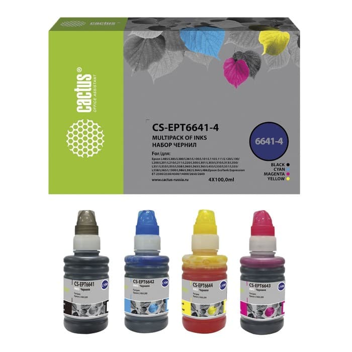 Чернила Cactus CS-EPT6641-4 T664, многоцветный, набор 4×100 мл, для Epson L100/L110/L120/L132/L