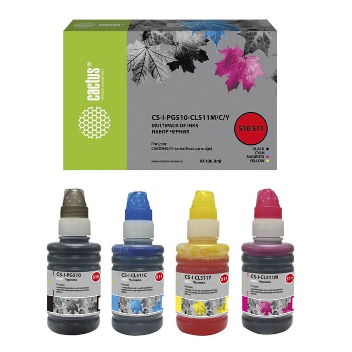 Чернила Cactus CS-I-PG510-CL511M/C/Y, многоцветный, набор, 4×100 мл, для Canon Pixma MP240/MP250