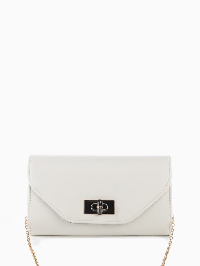 Сумка-клатч женская вечерняя на клапане, на золотистой цепочке, однотонная, белая