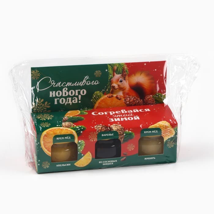 Подарочный набор новогодний «Согревайся этой зимой» 2 крем-мёда и варенье с шишками 3×30 г