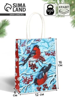 Пакет бумажный подарочный новогодний крафт «Снегири» 16×12×6 см