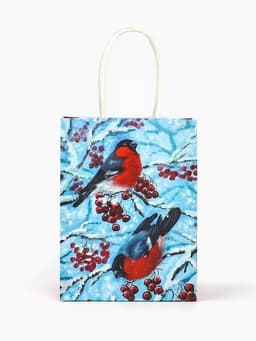 Пакет бумажный подарочный новогодний крафт «Снегири» 16×12×6 см