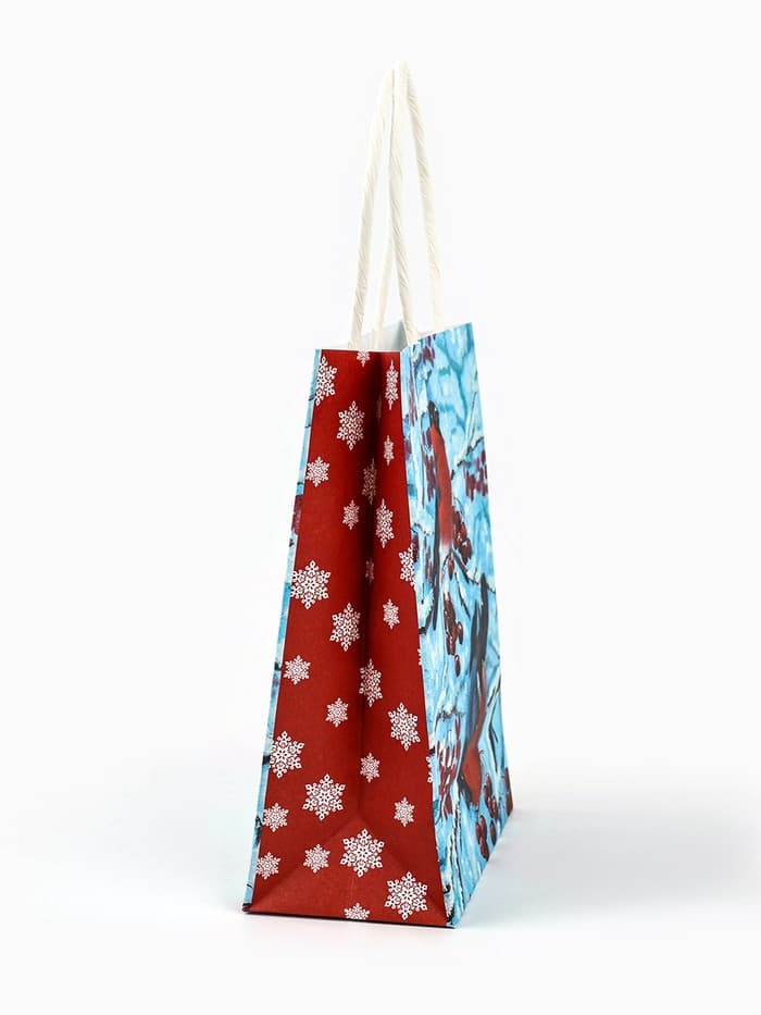 Пакет бумажный подарочный новогодний крафт «Снегири» 16×12×6 см