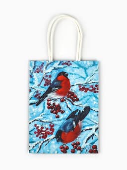 Пакет бумажный подарочный новогодний крафт «Снегири» 16×12×6 см