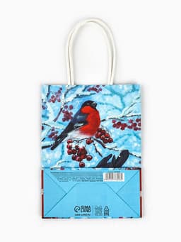 Пакет бумажный подарочный новогодний крафт «Снегири» 16×12×6 см
