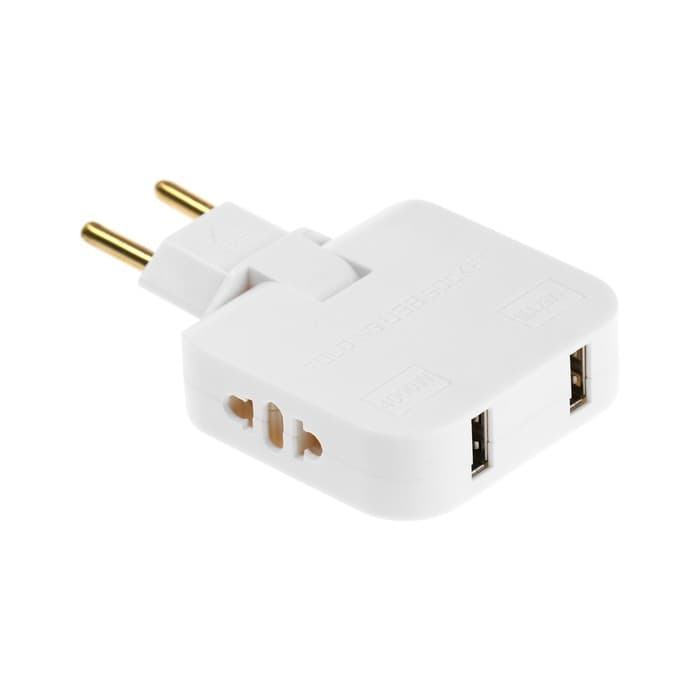 Тройник плоский, поворотный, 2 розетки, 10 А, 2 USB, без заземления, белый