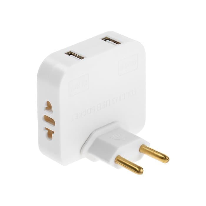 Тройник плоский, поворотный, 2 розетки, 10 А, 2 USB, без заземления, белый