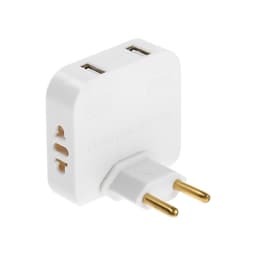 Тройник плоский, поворотный, 2 розетки, 10 А, 2 USB, без заземления, белый