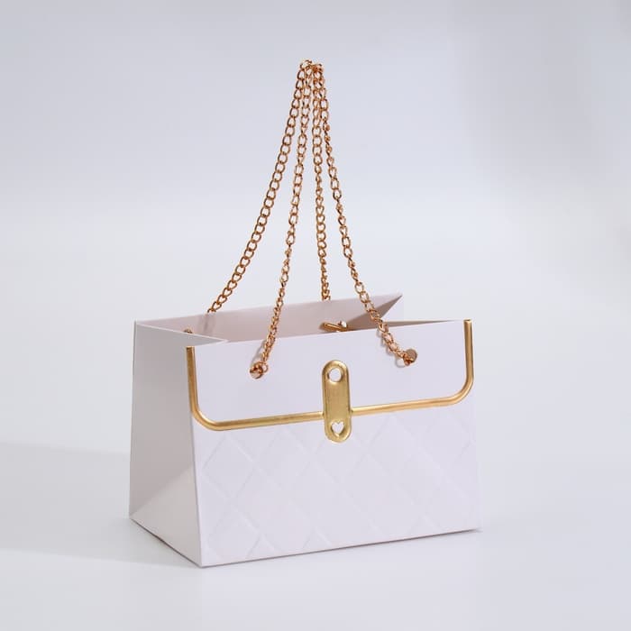 Пакет переноска для цветов, ручка цепь, «Белый», с золотым тиснением, 15×10.5×10 см
