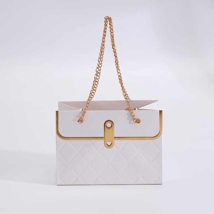 Пакет переноска для цветов, ручка цепь, «Белый», с золотым тиснением, 15×10.5×10 см