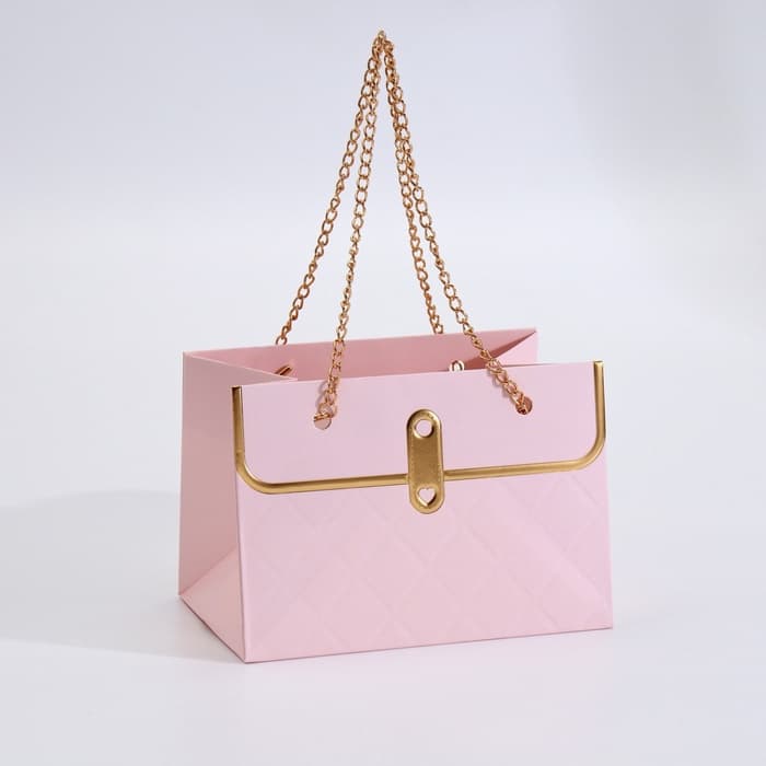 Пакет переноска для цветов, ручка цепь, «Розовый», с золотым тиснением, 15×10.5×10 см