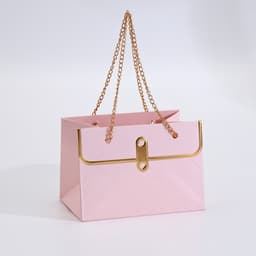 Пакет переноска для цветов, ручка цепь, «Розовый», с золотым тиснением, 15×10.5×10 см
