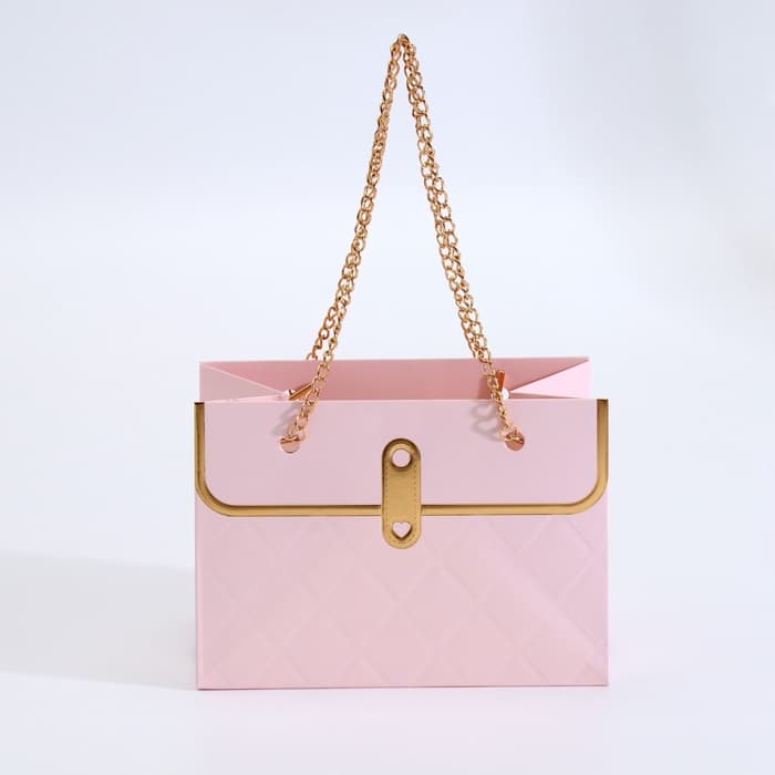 Пакет переноска для цветов, ручка цепь, «Розовый», с золотым тиснением, 15×10.5×10 см