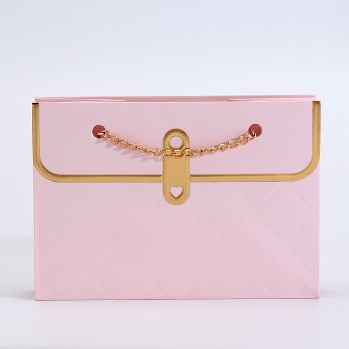Пакет переноска для цветов, ручка цепь, «Розовый», с золотым тиснением, 15×10.5×10 см