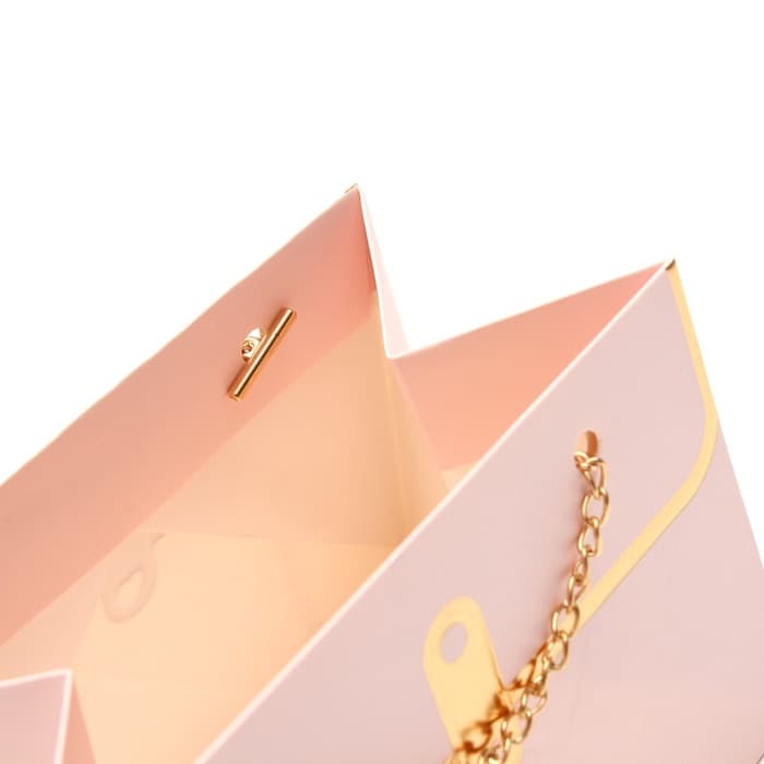 Пакет переноска для цветов, ручка цепь, «Розовый», с золотым тиснением, 15×10.5×10 см