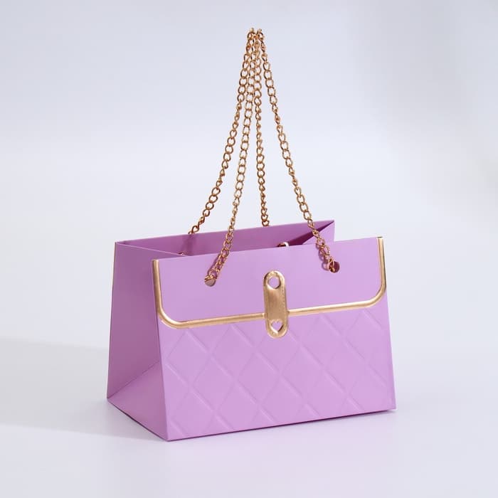 Пакет переноска для цветов, ручка цепь, «Сиреневый», с золотым тиснением, 15×10.5×10 см