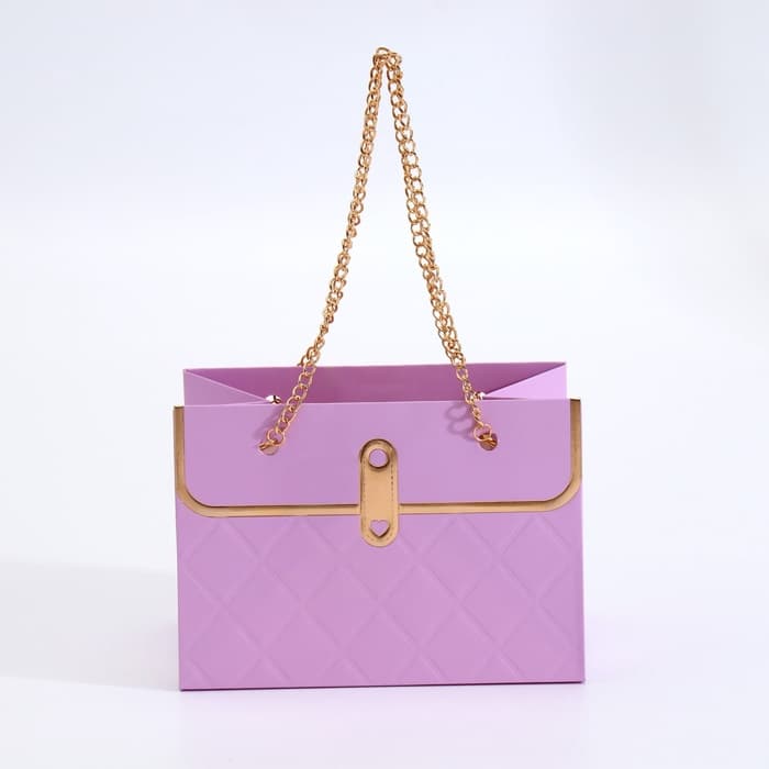 Пакет переноска для цветов, ручка цепь, «Сиреневый», с золотым тиснением, 15×10.5×10 см