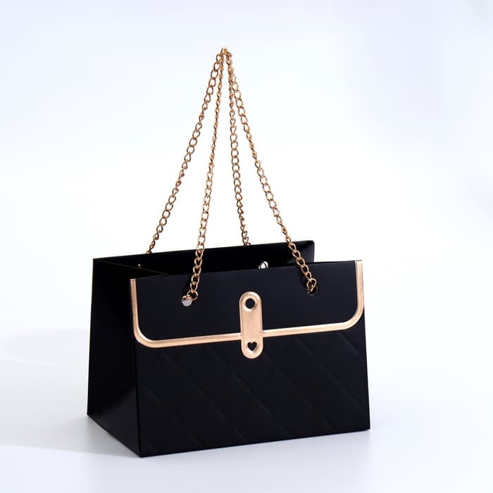 Пакет переноска для цветов, ручка цепь, «Чёрный», с золотым тиснением, 15×10.5×10 см