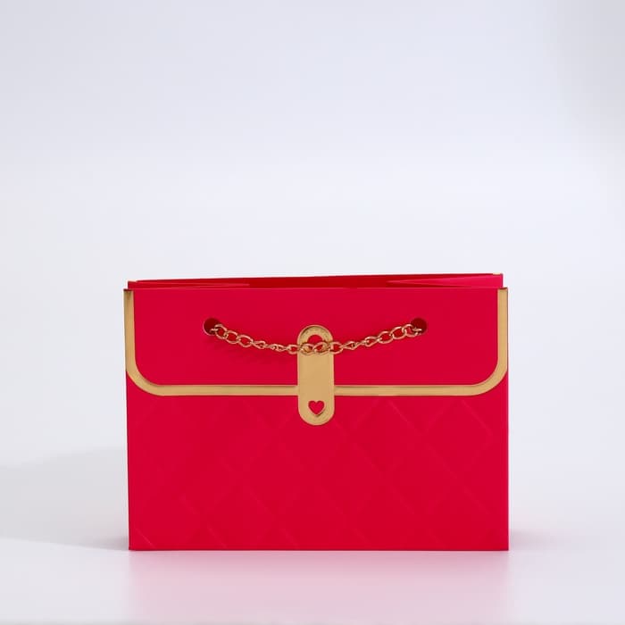 Пакет переноска для цветов, ручка цепь, «Малиновый», с золотым тиснением, 15×10.5×10 см