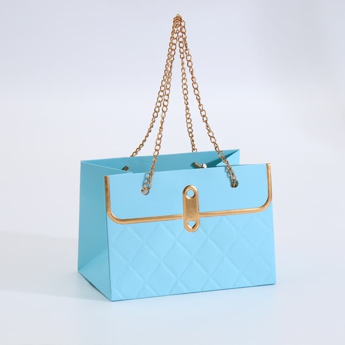 Пакет переноска для цветов, ручка цепь, «Лазурный», с золотым тиснением, 15×10.5×10 см