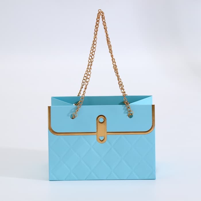 Пакет переноска для цветов, ручка цепь, «Лазурный», с золотым тиснением, 15×10.5×10 см