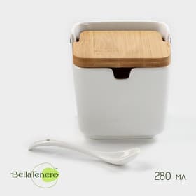 Банка для сыпучих продуктов BellaTenero, 280 мл, 9×9.5 см, с ложкой, бамбуковая крышка, фарфор, белая