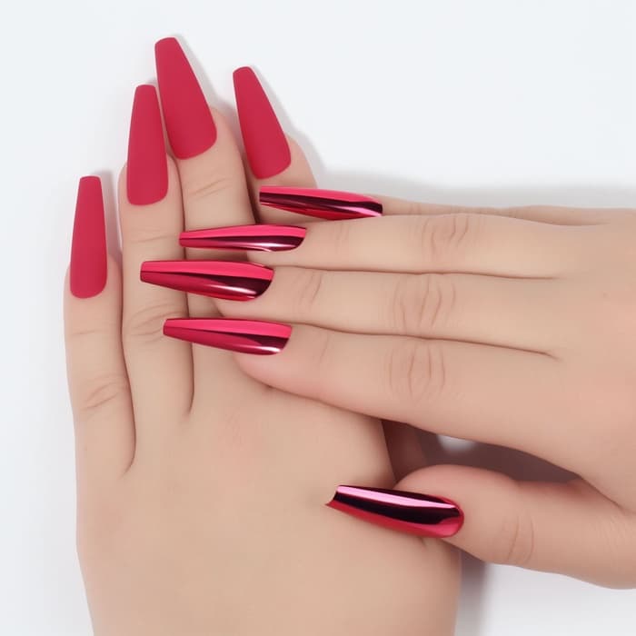 Накладные ногти, 12 шт., с клеевыми пластинами, форма балерина, матовые/хромированные, бордовые, красные