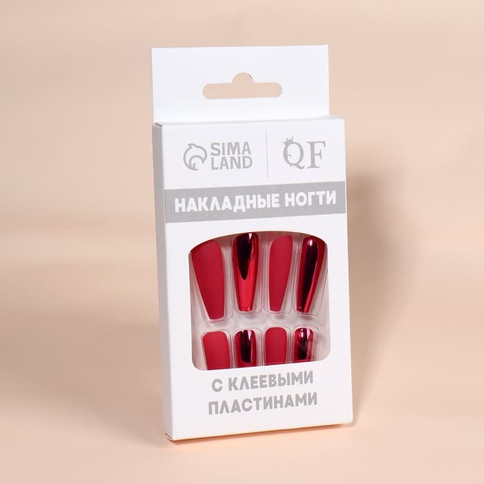 Накладные ногти, 12 шт., с клеевыми пластинами, форма балерина, матовые/хромированные, бордовые, красные