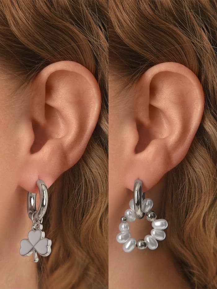Серьги со съёмным элементом «Трансформер», клевер-сердце, бело-бежевые в серебре